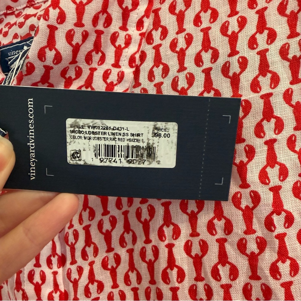Men’s new Vineyard Vines Red and White lobster Patterned linen button down Shirt - Picture 3 of 5